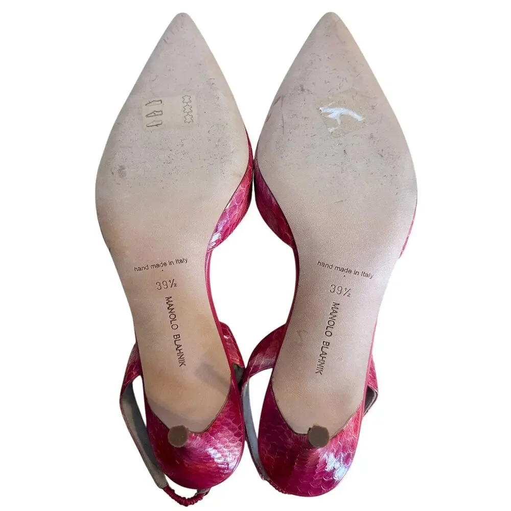 Manolo Blahnik Pink Snakeskin Leather Carolyne Slingback Pointed Toe Pump 39.5